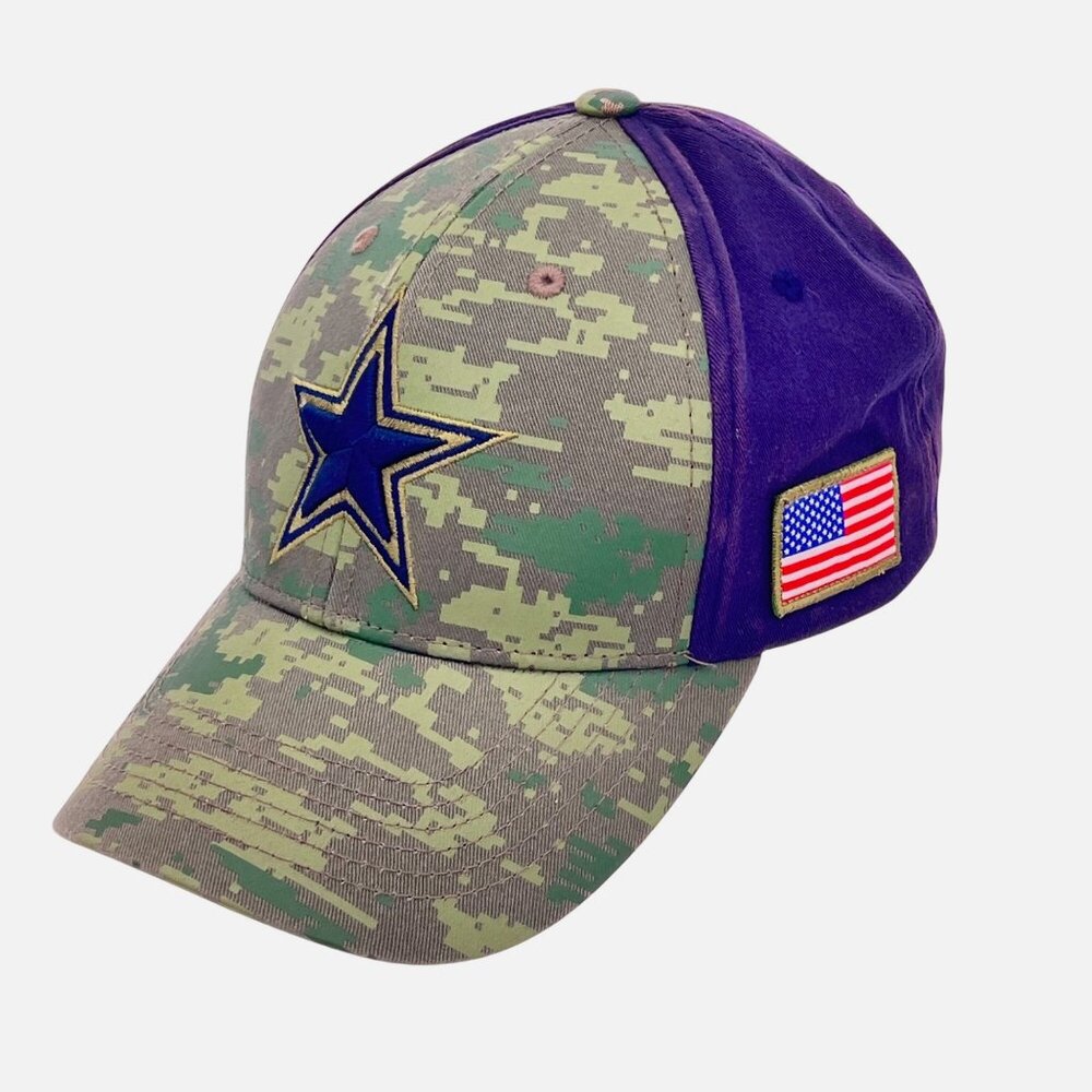 Dallas Cowboys Veterans NFL Camo & Navy OSFA Cap Hat American Flag Patch & Star